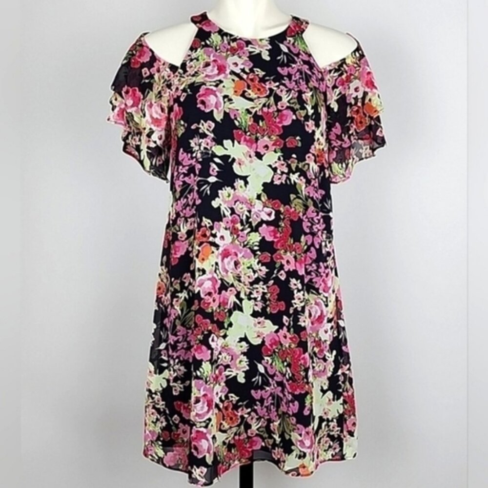 Vince Camuto Dress Blue Green Pink Red Floral Ruffled Cold-Shoulder Cutout Sz 4